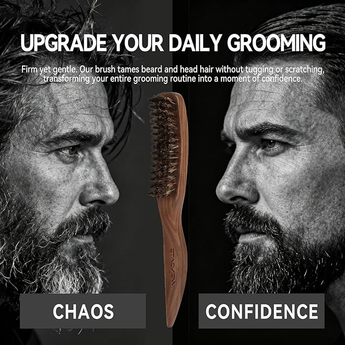 Men's Stiff Boar Bristle Beard and Hair Brush, Walnut Handle with Mini Metal Keychain Comb, Portable Grooming Duo for Travel Home Use