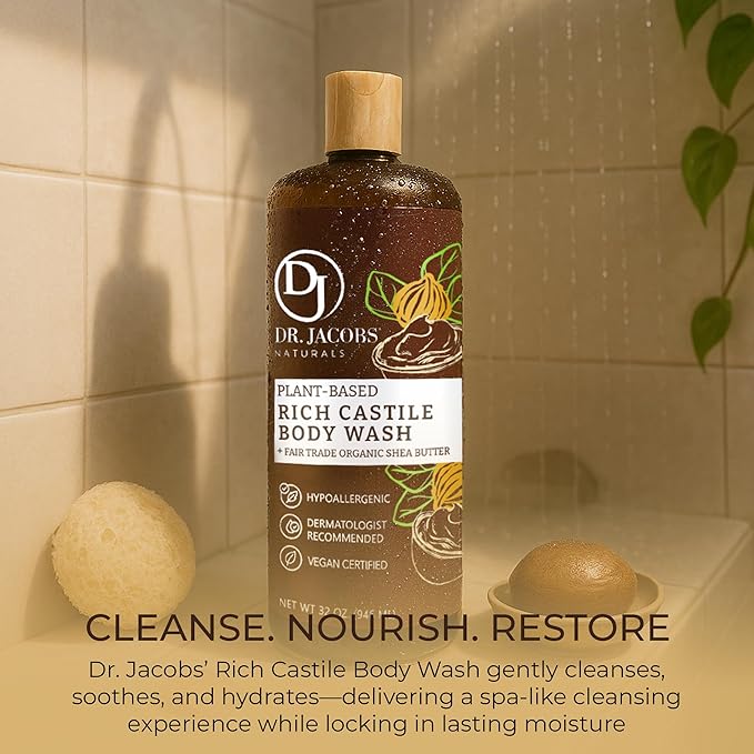 Dr. Jacobs Naturals Pure Castile Soap Liquid Body Wash, Shea Butter - Plant Based Soap Infused with Vitamin E and Aloe Vera to Moisturize Dry and Sensitive Skin - Made in The USA - 16 oz, Pack of 2