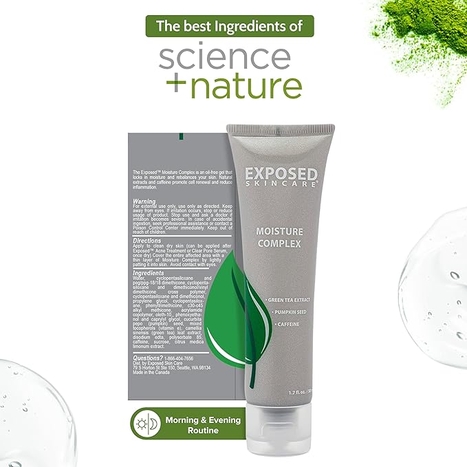Exposed Skin Care, Moisture Complex Oil-Free Daily Face Moisturizer For Women and Men – Non-Comedogenic Lightweight Hydrating Gel with Green Tea, Pumpkin Seed and Caffeine for Oily, Acne-Prone Skin