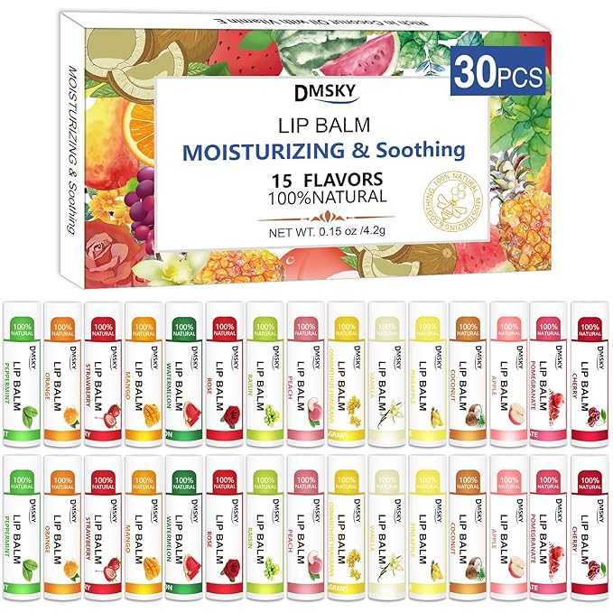 Dmsky DMSKY 30 Pack Lip Balm, Natural Lip Balm Bulk with Vitamin E and Coconut Oil 15 Flavors, Lip Care Product, Moisturizing Soothing Chapped Lips