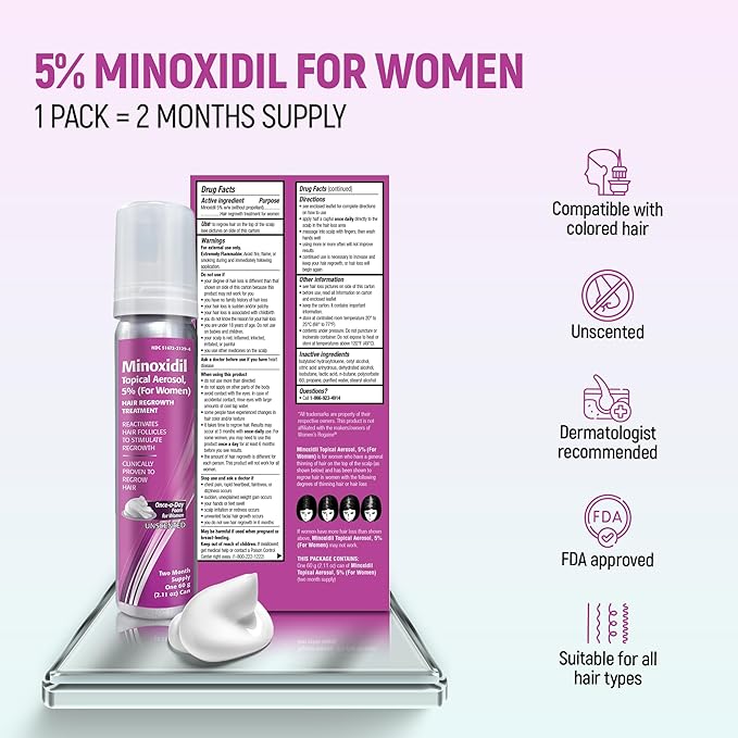 Minoxidil for Women, 2.11 Oz (2 Months Supply) Clinically Proven to Regrow Hair, Topical Aerosol Foam 5%, Hair Thinning Treatment