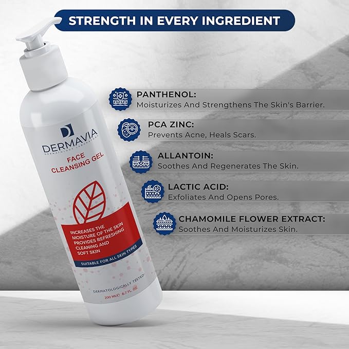 Face Cleansing Gel for All Skin Types - Face Cleanser Face Wash for Women Deep Cleanse with Zinc PCA, Allantoin, Panthenol, Lactic Acid, Chamomile Flower Extract - Hydrating Facial Cleanser - 200 ml