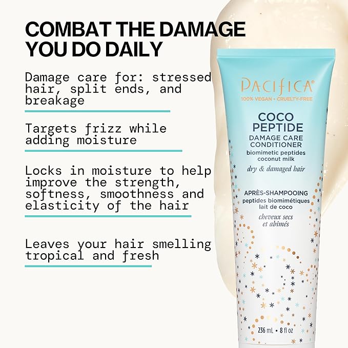 Pacifica Coco Peptide Damage Care Conditioner, Haircare, Repair Split Ends and Breakage, Hair Repair Treatment, Color Safe, For Dry and Damaged Hair, Hair Care, Vegan, 8 fl oz (1 Count)
