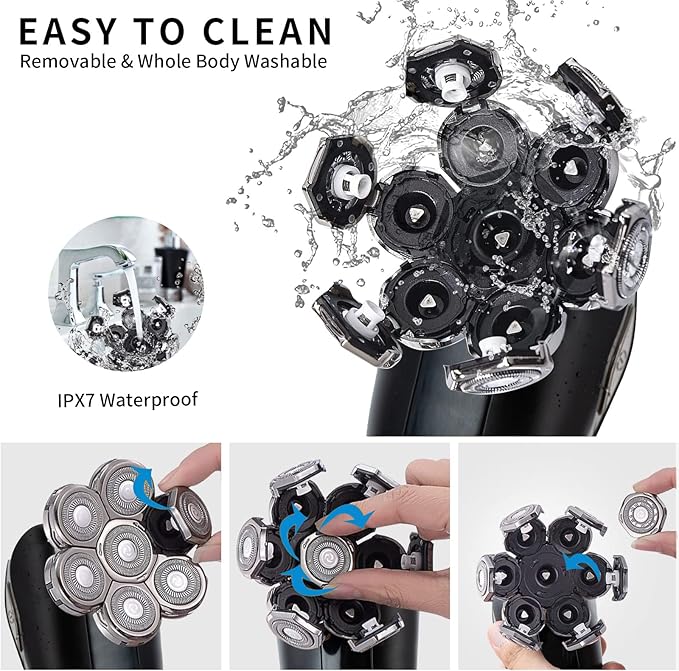 Head Shaver Replacement Heads, 7D Rotary Blades, Silver, Men's Electric Shaver Replacement Heads, 7 Pieces
