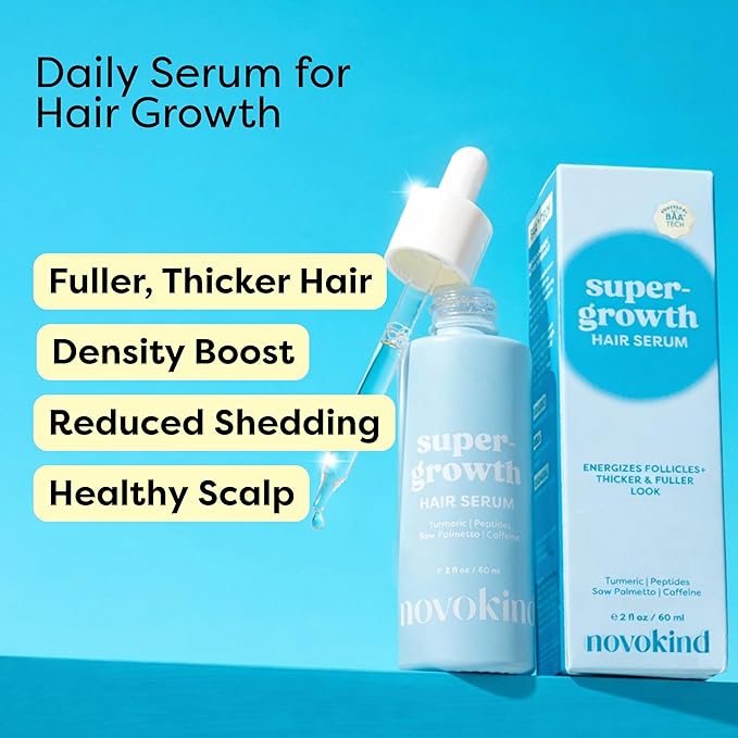SuperGrowth Hair Growth Serum - Lightweight Water-Based Scalp Treatment Serum for Thicker, Fuller-Looking Hair | Caffeine, Peptides, Rosemary & Turmeric | Thinning Hair 2 fl oz