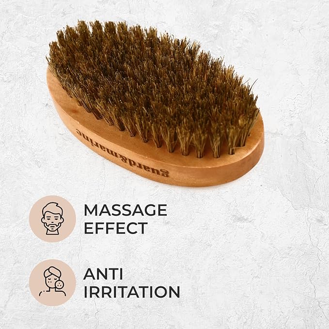 GUARD&MARINE 100% Boar Bristle Beard Brush for Men – Medium Firm Military Style Brush for Short Beard, Mustache & Waves – Natural Wooden Handle Grooming Brush