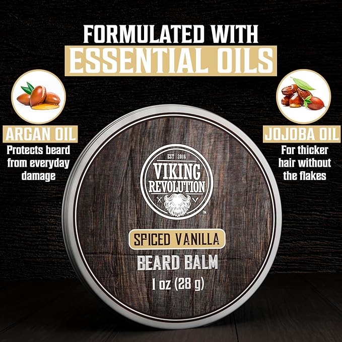 Viking Revolution 4 Beard Balm Variety Pack (1oz Each)- Spiced Vanilla, Sweet Tobacco, Majestic Oud, Citrus - Styles, Strengthens & Softens Beards & Mustaches - Leave in Conditioner Wax for Men