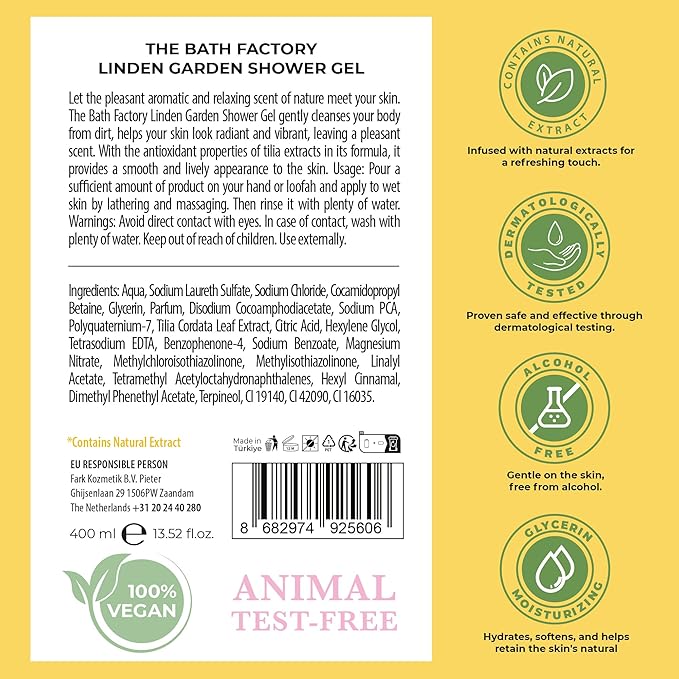 Shower Gel for Body Wash | 100% Vegan & Contains Natural Linden Extract | Moisturizing Liquid Soap as Bath Products for Men & Women | 13.5 Fl Oz