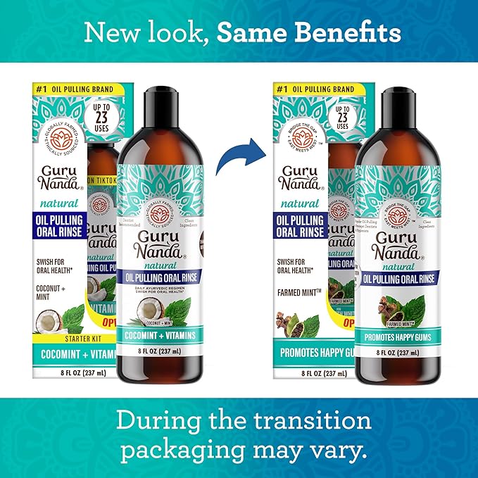 GuruNanda CocoMint Oil Pulling Mouthwash for Complete Oral Hygiene, 7 Essential Oils & Vitamins for Happy Teeth & Gums & Fresh Breath , Alcohol-Free, 8 oz