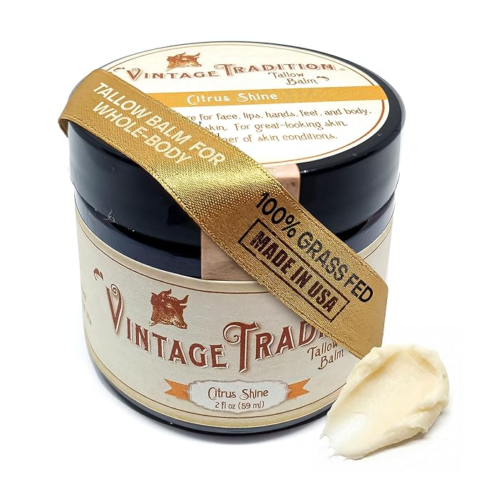 Vintage Tradition Beef Tallow All Purpose Balm – Healing, Hydrating Citrus Oil Skin Care Salve Replaces Body Lotion, Hand Cream, More – Essential Oil,a Olive Oil, and Grass-Fed Tallow, 2 fl. oz.