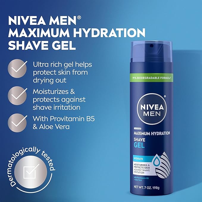 NIVEA MEN Maximum Hydration Shave Gel, with Aloe Vera and Provitamin B5, Shaving Gel for Men, 7 Oz Can, Pack of 3