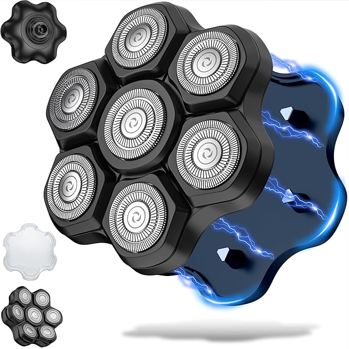 Magnetic Head Shaver Replacement Heads 7 Double Ring Waterproof Rotary Razor Blades for Bald Men Compatible with freebird wyklaus shpavver (black)