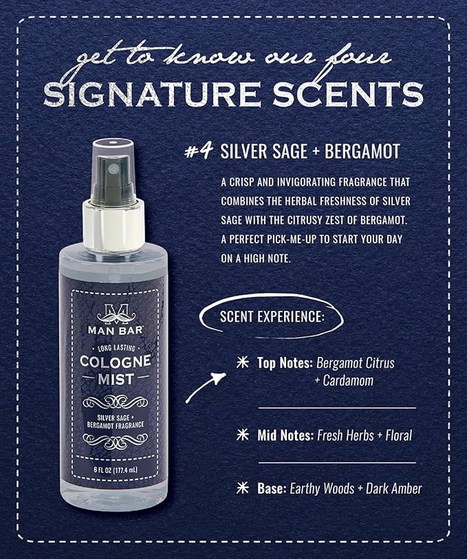 San Francisco Soap Company MAN BAR Cologne Mist Silver Sage and Bergamot - Long Lasting - Created with the Man in Mind - 6 fl oz