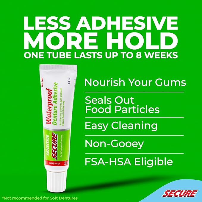 Secure Sensitive Denture Adhesive with Aloe Vera & Myrrh to Nourish Your Gums – Uppers, Lowers & Partials - Waterproof & Zinc Free – Food Grade Ingredients - Less Adhesive, More Hold – 1.4 oz