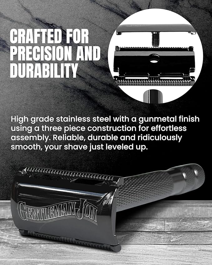 Gentleman Jon Gunmetal Safety Razor for Men, Double Edge Stainless Steel Razor, Precision Shaving with Heavy-Duty Construction, Designed for a Close Smooth Shave, Prevents Irritation, Gunmetal Finish