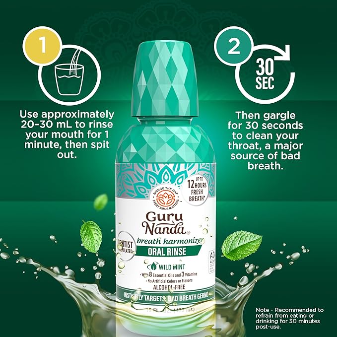 GuruNanda Fresh Breath Mouthwash, ADA-Accepted, Alcohol & Fluoride-Free, Sodium Chlorite, Essential Oils & Vitamins, 12-Hrs Fresh Breath, Wild Mint, 16 oz (Pack of 3)