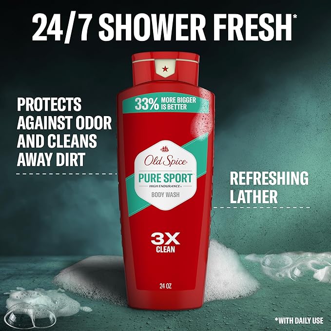 Old Spice Refreshing Body Wash for Men, High Endurance, 3X Defense, 24/7 Shower Fresh with Long Lasting Scent, Pure Sport Scent, 24 oz (Pack of 2)