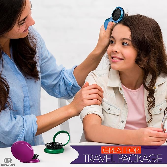 6Pcs Folding Hair Brush Set - Quality 2.5x0.8" Mini Hair Brush with Mirror for Hairstyling and Makeup on the Go - Travel-Friendly Foldable Hairbrush for Women with Soft Bristles, and Striking Colors