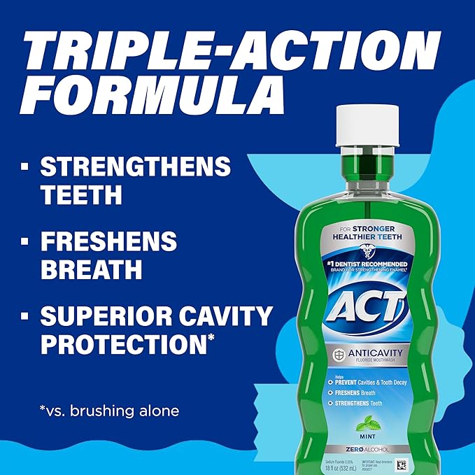 ACT Anticavity Fluoride Mouthwash with Zero Alcohol, Prevents Cavities, Freshens Breath & Strengthens Teeth, Mint Flavor, 18 fl. oz., 2 pk