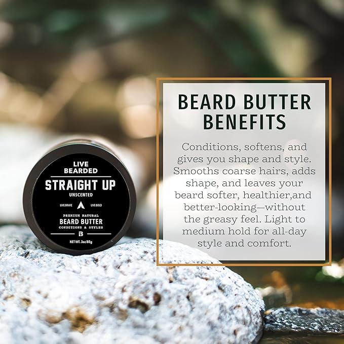 Live Bearded Beard Butter, 3 fl oz - Made in the USA - All-Natural Leave-in Conditioner and Softener with Shea | Straight Up Unscented - Fragrance-Free