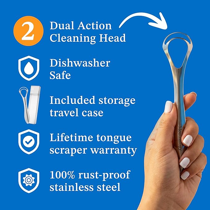 Mouthology Tongue Scraper for Adults (2 Pack), Reduce Bad Breath, Metal Tongue Scraper, Tongue Cleaner, Tongue Scraper, Stainless Steel Tongue Scraper, Tongue Cleaner for Adults, Tongue Scrubber