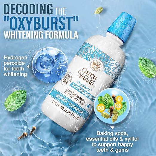 GuruNanda Oxyburst Teeth Whitening Mouthwash – Alcohol & Fluoride Free, with Hydrogen Peroxide & 7 Essential Oils, Value Size for Regular Use, Wild Mint, 1 Liter/33.8 fl oz