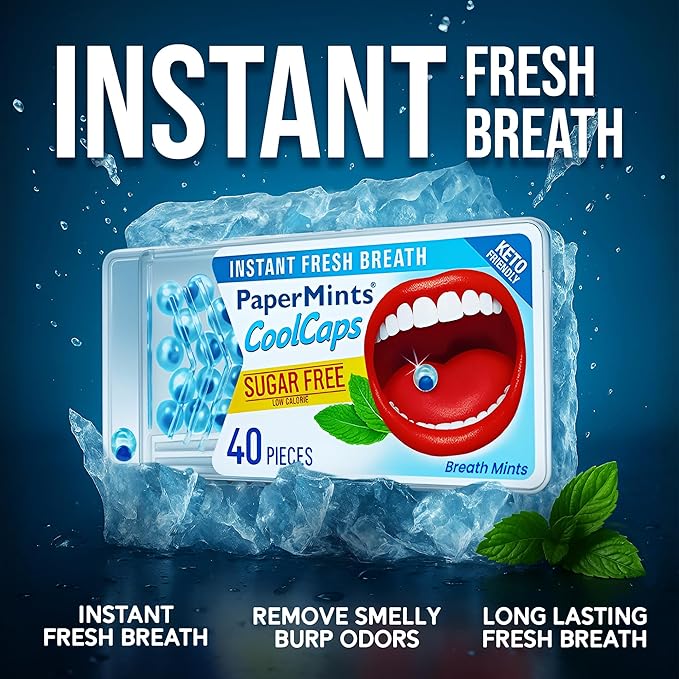PaperMints CoolCaps Peppermint Breath Mints - Dual Action Liquid Capsules - Instant Fresh Breath Freshener, Fast-Disolves, Sugar-Free Mint Capsules 4 Pack of 40 pieces - 160 Total.
