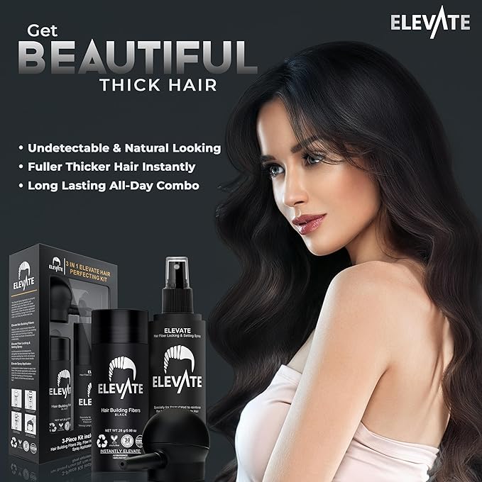 ELEVATE Hair Perfecting 3-in-1 Kit Set Includes Natural Hair Thickening Fibers & Spray Applicator Pump Nozzle & Locking Setting Hold Spray | Instantly Conceal Balding and Thinning Areas (Black)