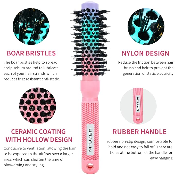 Round Brush for Blow Out - 1.0 Inch Small Nano Thermal Ceramic & Ionic with Boar Bristles - Salon Blow Drying Hair Brush for Drying,Volumizing, Curling, Shine & Smooth Styling