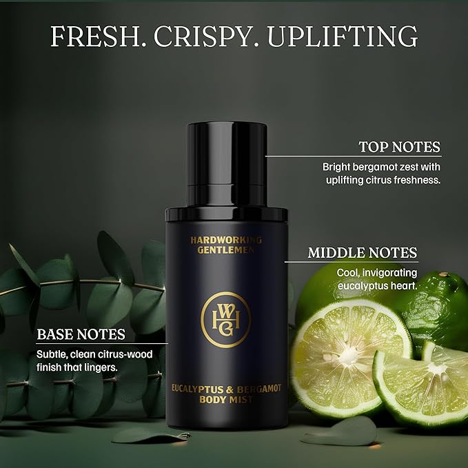 Hardworking Gentlemen Eucalyptus & Bergamot Body Mist For Men, 3.38 oz | 100 ml - A Refreshing Scent Blends Cooling Eucalyptus with Bright, Citrusy Bergamot - Made in the USA