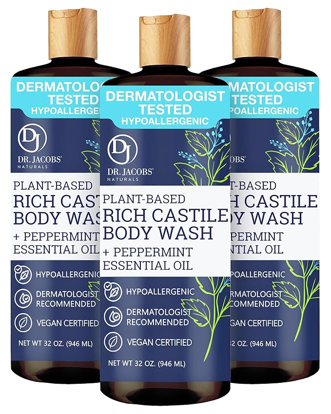 Dr. Jacobs Naturals Pure Castile Soap Liquid Body Wash, Peppermint - Plant Based Soap Infused with Vitamin E and Aloe Vera to Moisturize Dry and Sensitive Skin - Made in The USA - 32 oz, Pack of 3
