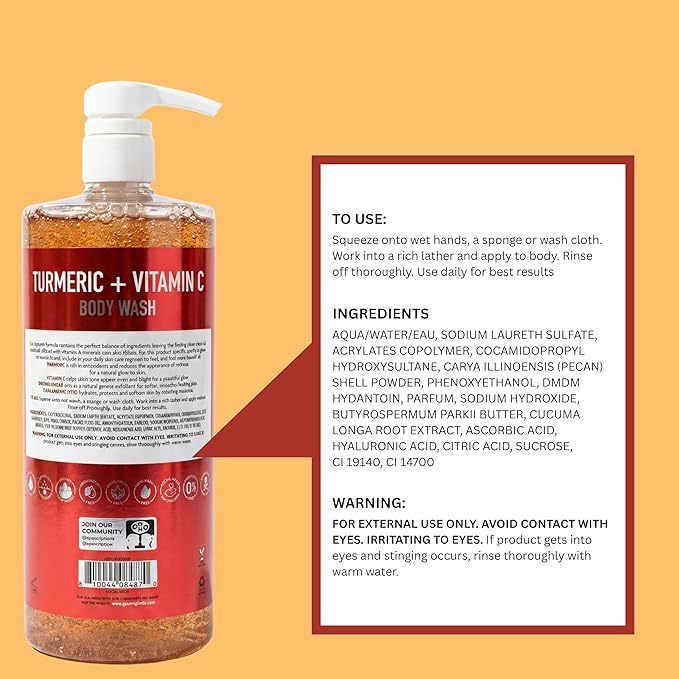 SpaScriptions Turmeric & Vitamin C Body Wash – Brightening Gentle Cleansing Shower Gel Scrub With Hyaluronic Acid for Radiant Glowing Skin & Brown Sugar Exfoliation, Scented, Paraben Free, 32 fl oz