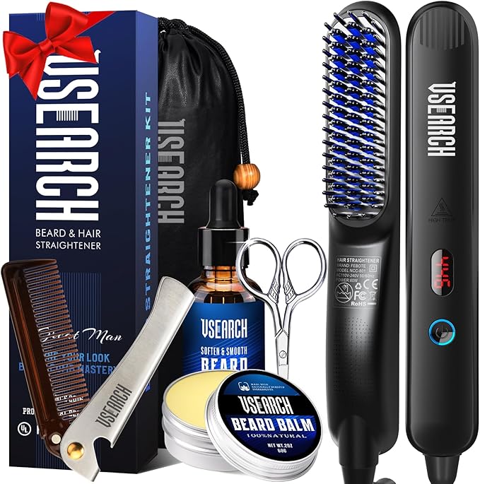 Heated Beard Straightener for Men - 5-Temp Settings & Anti-Scalding Tech, Folding Styling Comb, Compact for Travel, Perfect Grooming Gift for Father's Day, Anniversary & Birthday
