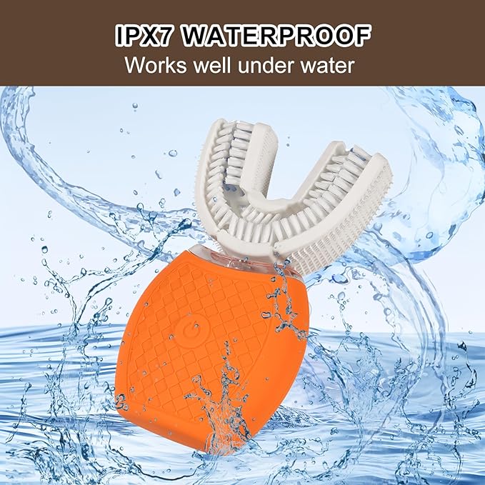 Electric U Shaped Toothbrush for Adult,360 Degree Automatic Cleaning, Ultrasonic Tooth Brush has 23760 Nylon Bristles and 3 Modes Standard, Fast, Ultra Fast(Orange)