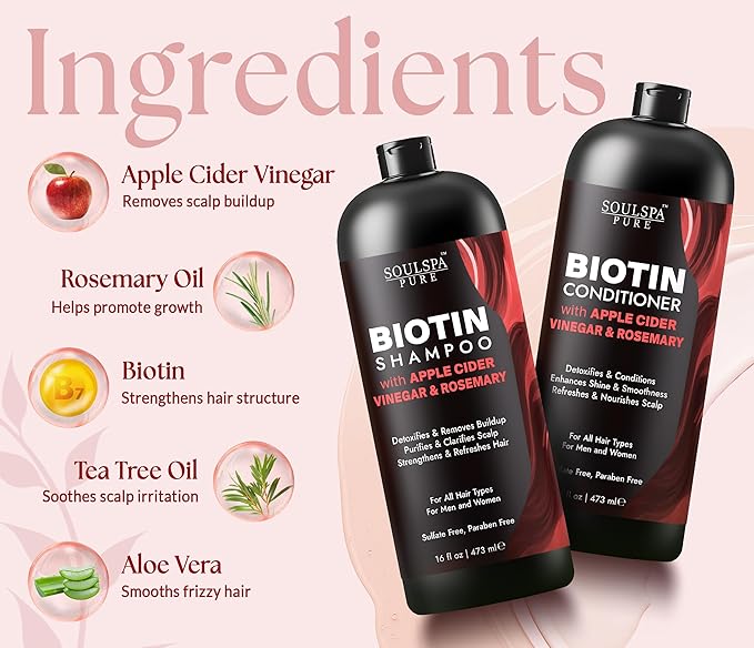 Apple Cider Vinegar Biotin Shampoo and Conditioner Set - ACV Clarifying Scalp Care with Rosemary Oil & Keratin - Sulfate Free for Oily, Thinning Hair - Made in USA - 16 fl oz Each