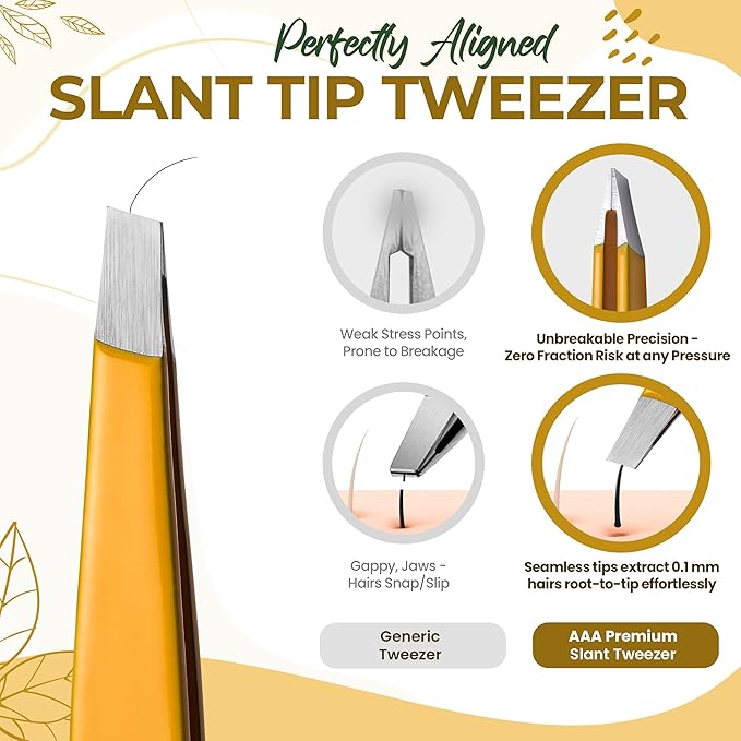 Professional Slant Tip Eyebrow Tweezers for Women & Men – Precision Hair Removal Tool – Stainless Steel Tweezers for Eyebrow Shaping, Facial Hair, Ingrown Hair & Splinter Removal (Golden Glow)