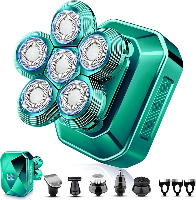 Head Shavers for Bald Men, IPX7 Waterproof Detachable Head Shaver,6D Electric Razor for Men, 6 in 1 Wet/Dry Rechargeable LED Shaving Kit with Type-C Charge