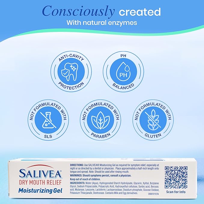 Salivea Dry Mouth Relief Gel Moisturizer, 1 oz Tube, Saliva Substitute Moisturizing Gel with Salivary Enzymes & Moisturizers, Alcohol Free, Soothing, Mouth Comfort