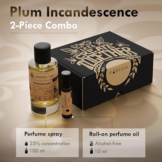 Inspired by T.F Lost Cherry 3.4 fl. oz (100ml), Plum Incandescence Eau de Parfum with Roll-On Oil 10 ml | Unisex Long Lasting Cherry Perfume | Fragrance for Women and Men