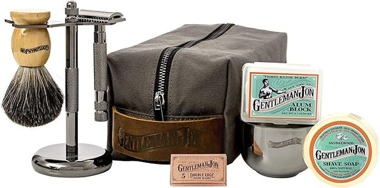 Gentleman Jon Deluxe Vintage Shaving Kit for Men - Men's Shaving Set Gifts, Compact Design, Includes Safety Razor and Brush Stand, Brush, Potassium Alum Block, Soap, Stainless Bowl, Stand & Dopp Kit