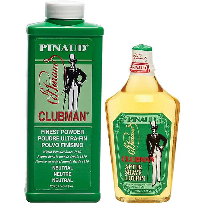 Clubman Pinaud After Shave Lotion, Classic Men’s Aftershave, 6 fl oz Pinaud Finest Powder, Classic White Powder for Men, Protection Against Sweat and Body Odor, 9 oz