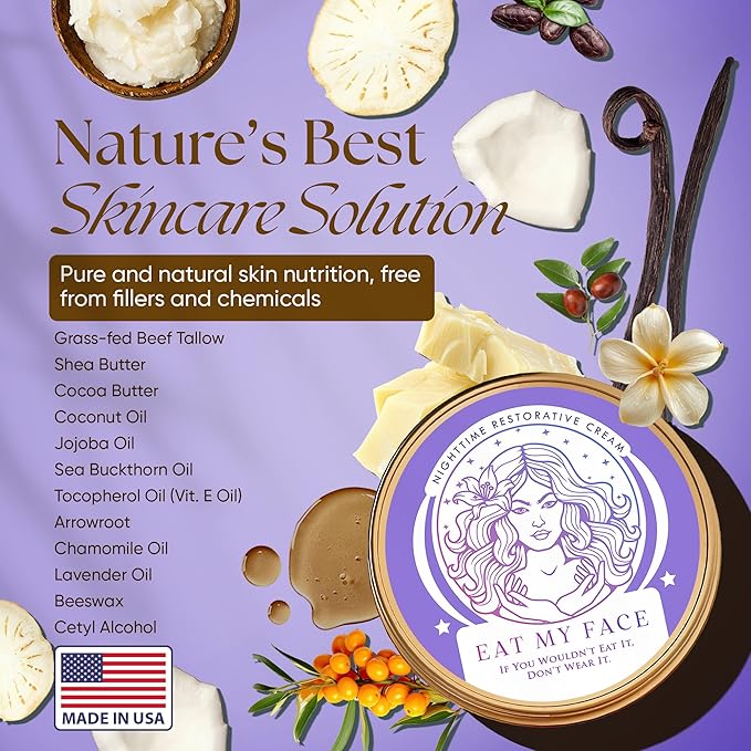 Eat My Face Grass Fed Tallow Night Cream for Face – Hydrating Anti Wrinkle Cream for Face with Shea Butter, Cocoa Butter & Vitamin E | Anti Aging Men & Women Restorative Night Moisturizer, 4.0 fl oz