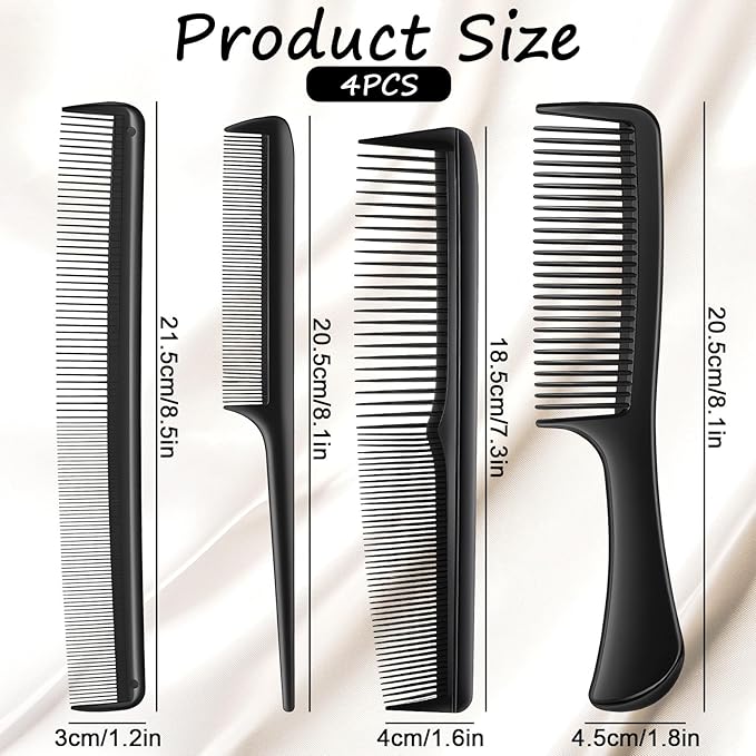 4 PCS Professional Black Combs Set for Women, Stylist Rat Tail Mens Beard Mustache Combs Fine Tooth for All Hair Types, Premium Hair Comb for Teasing and Parting, Everyday Styling