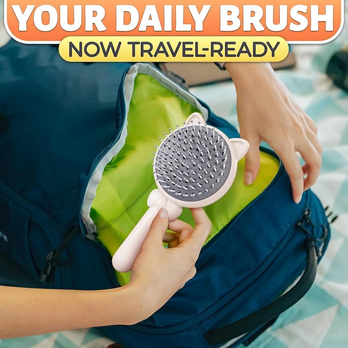 White Pig Self Cleaning Hair Brush for Women - Compact 7,87х3,66 in Retractable Hair Brush Easy Clean with Magnetic Attach - Effective Detangling and Easy Self Cleaning Hairbrushes with Soft Bristles