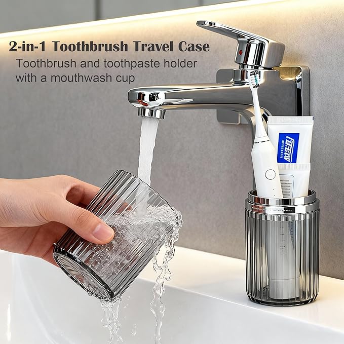 Toothbrush Travel Holder, 2-in-1 Dustproof Toothbrush Travel Case with Rinse Cup, Large Portable Toothbrush and Toothpaste Cup Container for Traveling Camping School Business Trip Bathroom