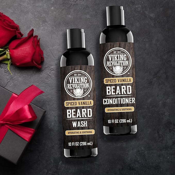 Viking Revolution Beard Wash and Beard Conditioner for Men with Argan Oil and Jojoba Oil - Beard Softener and Strengthener Beard Care Beard Shampoo and Conditioner with Beard Oil (10oz,Spiced Vanilla)