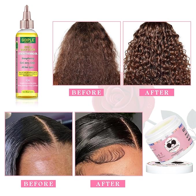 Edge Control Wax for Women Strong Hold - Edge Smoother Edge Wax Styling Gel Edge Control Wax for Black Hair - Rose & Castor Hair Oil for Hair Growth Strengthening Hair Oil Briad Bonnet Brush Set