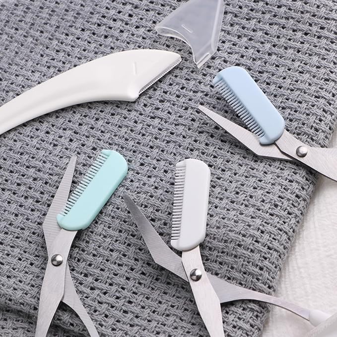 3pcs-Eyebrow Scissors with Eyebrow Razor,Professional Eyebrow Trimmer Scissors with Comb,Non Slip Finger Grips Eyebrow Trimmer, Hair Removal Beauty Accessories for Men Women (Green,Blue,white)