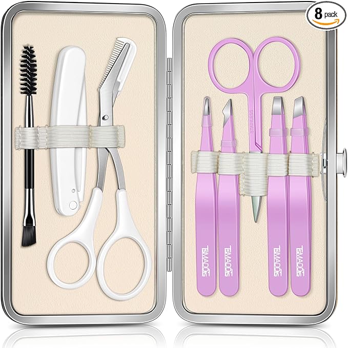 TsMADDTs Eyebrow Tweezers, 8 in 1 Tweezers Set for Women Facial Hair, Eyebrow Trimmer Scissors, Professional Shaping Grooming Kit