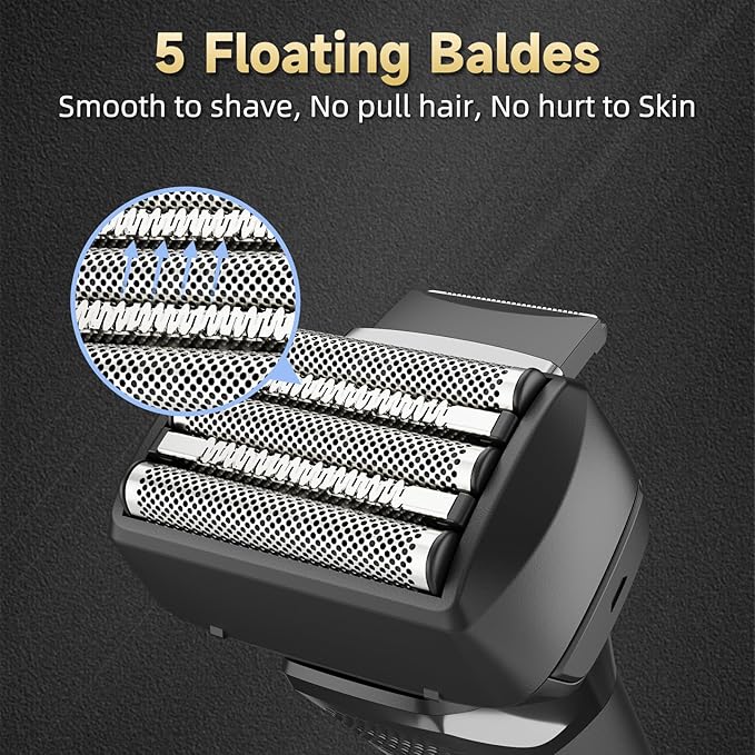 Electric Foil Shavers, Electric Razor for Men with Trimmer, Waterproof 5 Floating Blades for Shaving Face, Cordless Rechargeable USB Type-C, Wet Dry Use/Travel Lock/LED Display